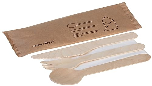 DeinPack Lot de 250 couverts 4 pièces | Couverts jetables en bois, biodégradables - Pas de plastique - Fourchette, couteau, cuillère, serviette | Emballage hygiénique