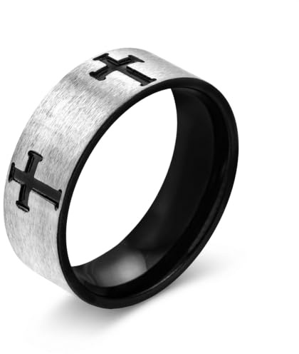 meditoys Edelstahlring mit schwarzem Kreuz, 7,0 mm breiter Herrenring mit silberner Oberfläche, Größe: 72 (22.9), aus Edelstahl, Farbe: Silber und Schwarz, robust und kratzfest