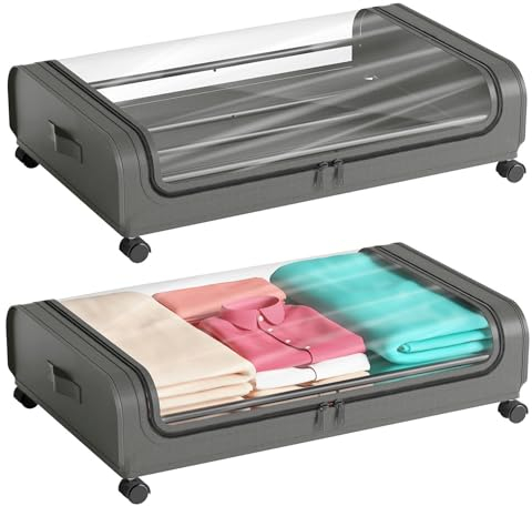 2 Pack Under Bed Storage with Wheels Lid 48L Rolling Metal Frame Underbed Containers Clear Window Storage Bag Box Organization Home Bedroom Organizer Drawer Bin for Clothes Shoes Toys Blankets Grey