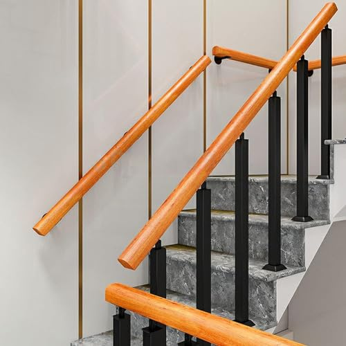 Poteau De Balustres D'escalier Noir Garde-Corps Pour Escalier Intérieur Et Extérieur,Poteau De Rampe D'escalier,Colonne De Rampe En Fer Forgé,pour Balustrade, Balco(Size:B wooden handrail 4.6ft/140cm)
