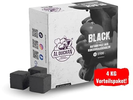 Al Duchan Charbon naturel pour narguilé - Charbon de coco de qualité supérieure pour narguilé - 1 kg, 4 kg, 10 kg, 20 kg - Chaleur élevée, longue durée de combustion (noir, 28 x 28 x 28 mm, 4 kg)