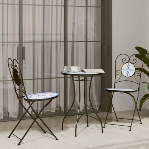 THOYTOUI Mosaik-Bistro-Set Blau und Weiß Eisen und Keramik, Balkon Lounge Gartenset Tisch und stühle Sitzgruppe Outdoor Terrassen möbel Set Geeignet für Garten Terrasse Veranda Balkon