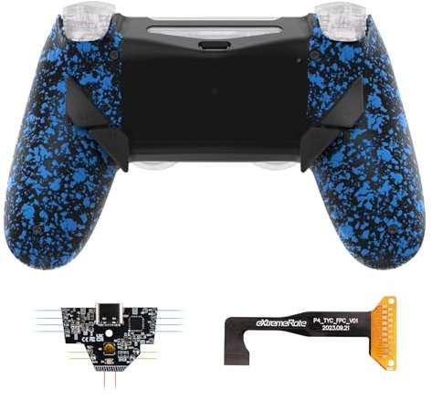 eXtremeRate Dawn Tipo C Versión Remap Kit para ps4 Slim Pro JDM-040/050/055 Mando con 6 Perfiles de Mapeo Carcasa Trasera Rediseñada y 4 Botones Traseros-Sin Controlador(Salpicaduras Azules)