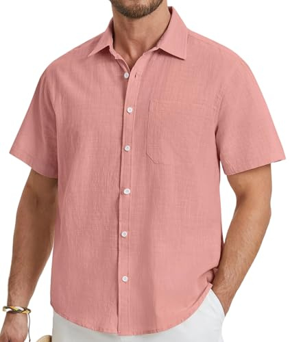 HISDERN Chemise en Lin Homme Manches Courtes Été Leger Plage Revers Chemise Boutons Casual Rose Corail 2XL