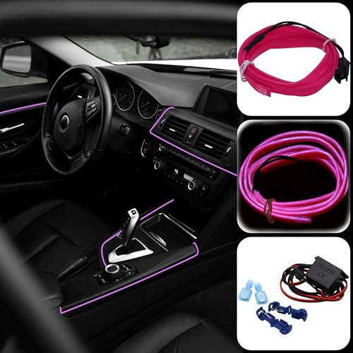 Recambo 5M EL Wire LED Ambiente Beleuchtung, 12V Flexible Neon Lichtleiste, Innenraumbeleuchtung für Auto, Inverter Inklusive, Wasserdichtes Ambientelicht für PKW, Pink