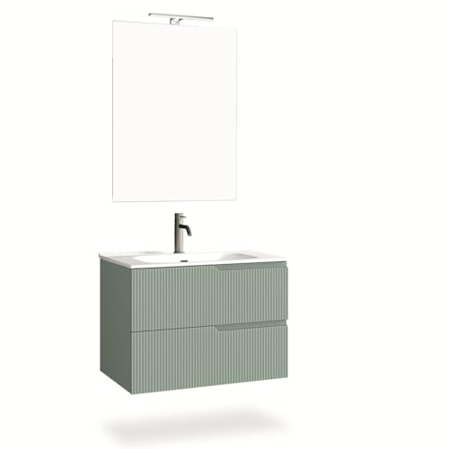 AQA DESIGN mobile bagno composizione 4 pezzi, mobile bagno con lavabo, base sospesa con frontali in MDF cannettato, set mobili bagno nr2 cassetti - Verde - 81x46,5x190 cm