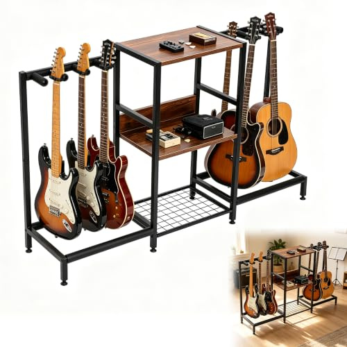 MYOYAY Mehrfach Gitarrenständer Gitarren Bodenständer mit 3 Etagen für Bass | Metall Multi-Gitarrenständer Vinyl Schallplatten Lagerung für Akustik-, E-Gitarre, Ideal für Heimstudio Musikzimmer