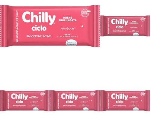 Chilly Toallitas Ciclo, toallitas para la higiene íntima, tejido 100% biodegradable, óptimas fuera de casa, PH 3,5, clínicamente probado, paquete de 60 toallitas
