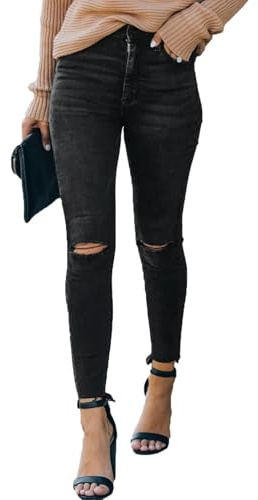 Allimy Damen High Rise Skinny Stretch Ripped Jeans High Waist Destroyed Denim Pants, Schwarz-211, 36