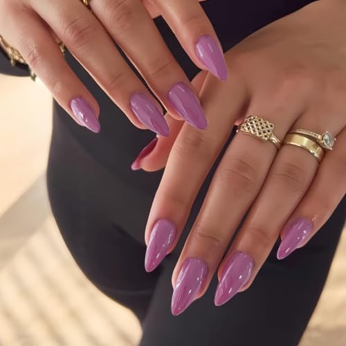 SXVME Berry False Nails Medium, Acrylic Press on Nails Almond Solid Color Full Cover Fake Nails Medium Stiletto Stick on Nails for Women DIY Nail Art 24 Pcs