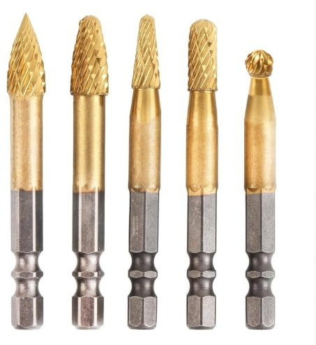 KEWAYO 5 Stück Hartmetall Frässtifte Set, Hartmetallfräser mit Doppelschnitt, 6.35mm Sechskant Schaft Fräsbohrer Metall,Rotary Fräser Frässtifte für Holz Gravieren, Schleifen, Schnitzen, Metallpolie