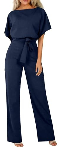 HOOUDO Jumpsuits for Women UK Elegant Summer Short Sleeve Playsuits Ladies Plain Casual Wide Leg Pant Belted Romper Formal Wedding Overalls Baggy One Piece Outfits Dungarees