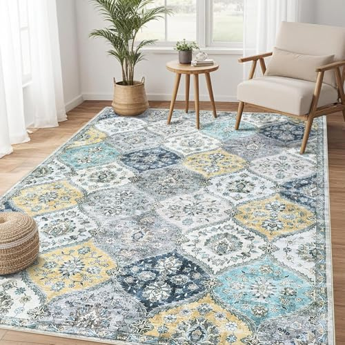 LuxFocus Waschbarer Vintage Teppich 120x170 cm Blumen Kurzflor Blau Gelb | Teppich Orientalischem Design für Wohnzimmer Schlafzimmer Kinderzimmer, Marokkanischer boho floraler rutschfester faltbarer