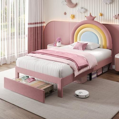 Merax 3ft Girls Single Bed, Upholstered Rainbow Bed with Storage Drawer, Velvet Upholstered Bed Frame, for Teenagers and Adults, Easy Assembly, Velvet, Pink, 90x190 cm (No Mattress)