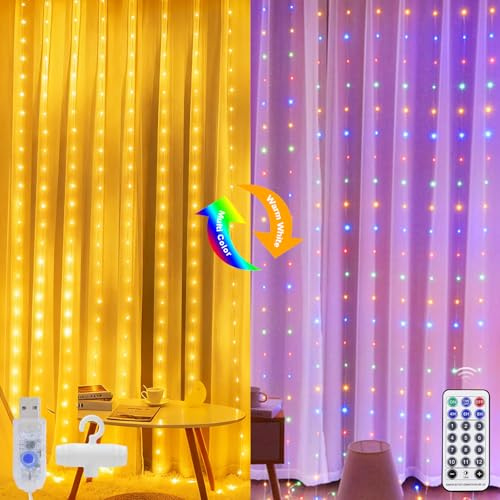 Artrastar LED Vorhang Lichterkette 3x3M 300 LED Lichtervorhang Innen | mit 12 Modi Fernbedienung Timer, USB Lichterkette Warmweiß/Bunt für Fenster, Schlafzimmer, Party, Hochzeit,Weihnachten Deko