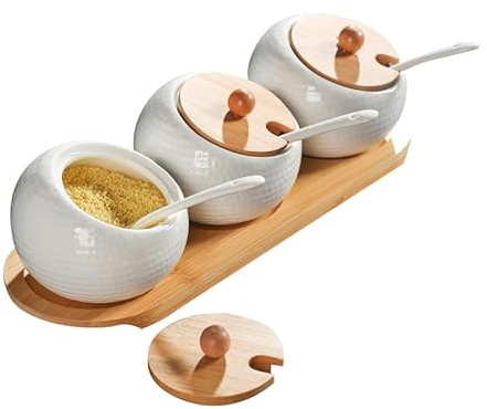 Ceramic Seasoning Container Spice Jar, Home Kitchen Seasoning Box Food Storage Container with Bamboo Lid and Bamboo Tray, Ceramic Spoon 200 ml (7 oz), Set of 3 Bottles, Suitable for Kitchen
