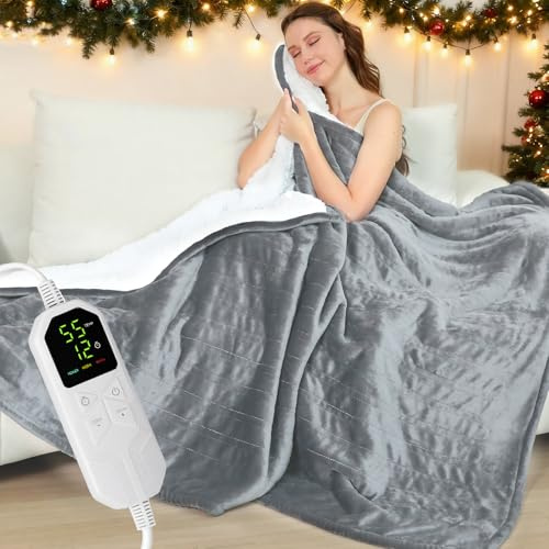 Warmfay Heizdecke mit Abschaltautomatik, 180 × 130 cm Flanell Elektrische Wärmedecke mit 8 Heizstufen & 1-12 Stunden Timer, Überhitzungsschutz, Waschbar Kuscheldecke für Bett & Sofa - Hellgrau