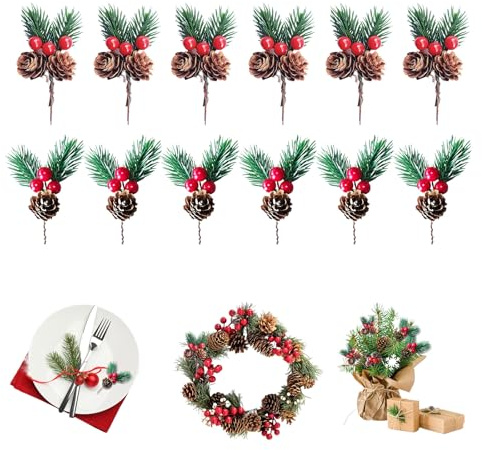 12 Pezzi Rami di Pino Artificiale con Pigne e Bacche Rosse di Natale,Ghirlanda Natalizia,per la decorazione di Natale della tavola di festa del giardino