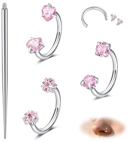 MODRSA Anneau de Nez Fer à Cheval Piercing Septum 18G Acier Chirurgical Argenté Bijou Coeur Zirconium Rose 8mm pour Femme