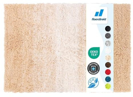 Floordirekt Tapis de bain Wave, Tapis de bain rond, Sensation dense et moelleuse pour votre maison, Tapis de bain antidérapant lavable, testé sans substances nocives Beige/Blanc 60 x 90 cm