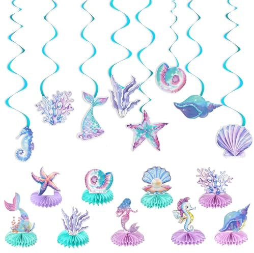 Meerjungfrau Deko Set, 3D Honeycomb Tischdekoration & Spiral Aufhängedekor | Wassermalfarben, Kindergeburtstag Deko, Meeres Deko für Meeres-Themen-Party, Baby-Shower, Sommerfest, Kinderzimmer