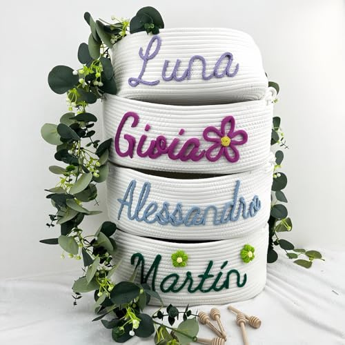 Cesto Portaoggetti In Corda Di Cotone Personalizzato Con Nome, Regalo Personalizzato For Baby Shower, Cestini Decorativi For La Cameretta Dei Bambini Con Testo Colorato(M: 19X13X35cm)