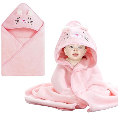 YJSDDNTY Toalla de baño con Capucha para bebé,80x80 cm, Suave y Absorbente, para Recién Nacido,Salida de Toallas de baño para bebés con diseño Animal,Gato Rosa