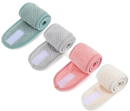 4 Stück Kosmetik Haarband, Spa-Stirnband, Grün, Rosa, Weiß, Grau | Damen, mit Klettverschluss, Verstellbares, Abschmink Haarband, Make-Up-Stirnbänder, für Hautpflege, Gesichtsreinigung, Sport