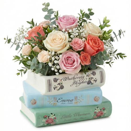 Book Vase for Flowers - Small Book Shaped Decorative Vase Ceramic Modern Decorative Vases for Home Office Bookshelf Living Room Bedroom Classic Titles Bookstack Unique Planters Gifts for Book Lovers