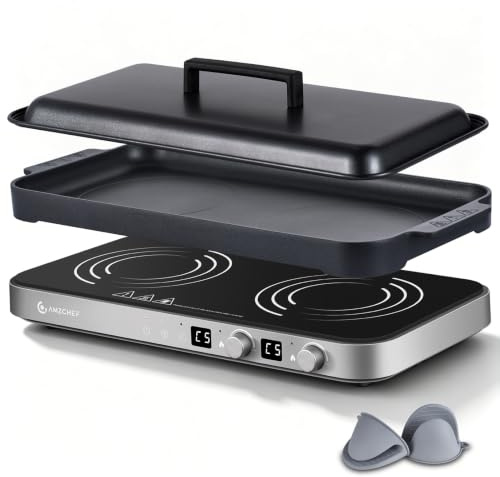 AMZCHEF 3000W Plaque à Induction 2 Feux, Plaque Induction Double Portable avec Plaque de Gril Amovible, 9 Niveaux de Puissance/Température, pour BBQ d'intérieur et Camping-car, Gris Fer