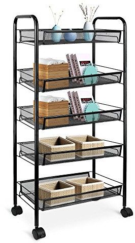 Todeco - Chariots de Service, Desserte à roulettes - Matériau: Fer - Dimensions: 105 x 29,5 x 12 cm - 5 Niveaux, 104 x 46 x 27 cm, Noir