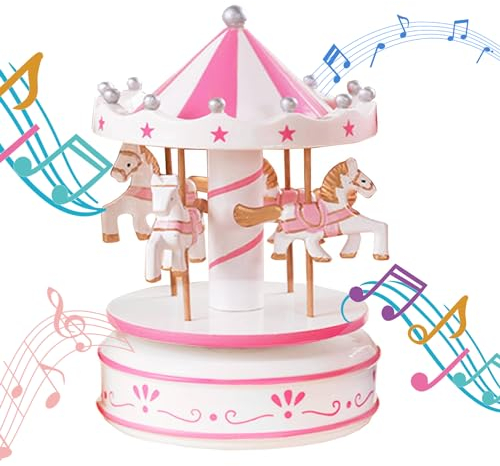 MINGZE Carousel Music Box, Music of Castle in the Sky, 11 Colors, Clockwork Vintage Merry-Go-Round Toy Birthday/Christmas/Decoration/Children Gifts (Flower-pink)