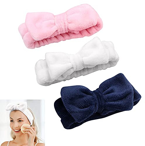 SNAGAROG 3 Pcs Bandeau Cheveux en Toison Corail Serre Tête avec Nœud Papillon Headband Lavable Bandeau Cheveux Maquillage Ruban Cheveux Bandeau de Bain Cheveux pour Fille Femme Bleu Blanc Rose-20*6cm