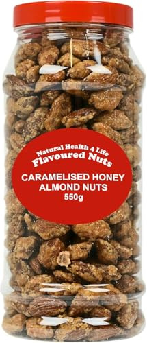 Natural Health 4 Life Caramelised Honey Almonds 550g – Crunchy Roasted Almonds in Clear Gift Jar – High Protein and Fibre, Gluten Free, No Added Salt – Made in the UK