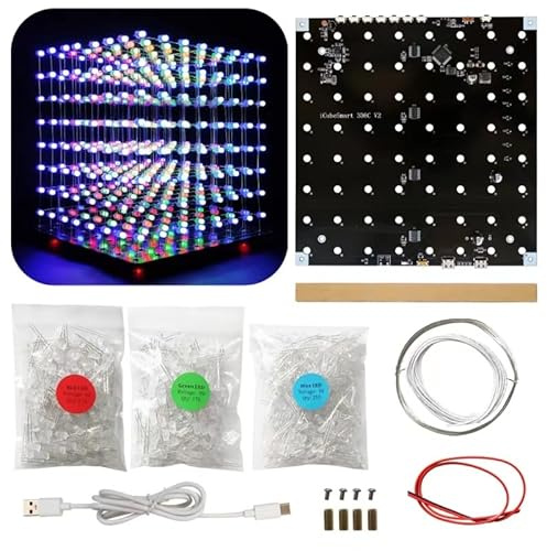 Hexidos 3D8 Led Cube Kit 8x8x8 DIY Elektronische Kit (3D8C-MULTI) | Es besteht aus roten, grünen und blauen 5mm LEDs, und die Hauptplatine ist bereits verlötet, was den Erfolg erleichtert.