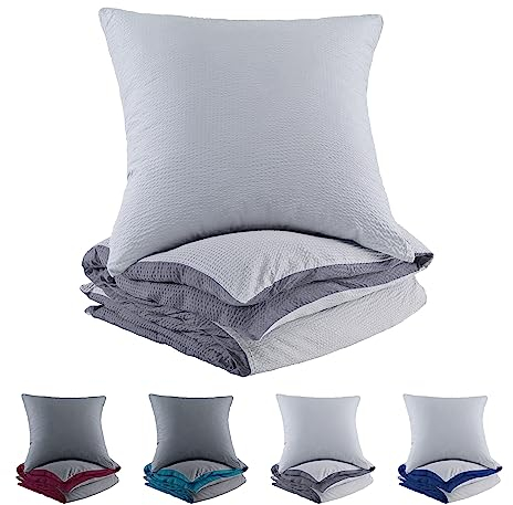 BaSaTex Mikrofaser Seersucker Bettwäsche und Kissenbezug Uni Wende Bettbezug für Bettdecke und Kissen| 135x200 + 80x80 | 100% Microfaser Polyester | Silber - Grau Anthrazit