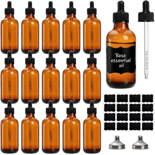 Jucoan 16 Pack Glass Dropper Bottles, 4 oz/120 ml Amber Glasses Bottle with Graduated Glass Eye Droppers for Essential Oils, Perfume, Leak Proof Travel Bottles for Liquids