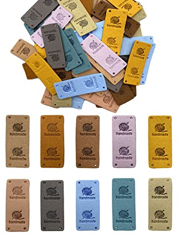 WiYould 50 Pcs PU Leather Label Handmade Sew on Tag Label Faux Leather Handmade Embossed Tag Embellishment Crochet Knit DIY Jeans Bags Shoes Hat Apparel Accessories(Yarnball, 10c)