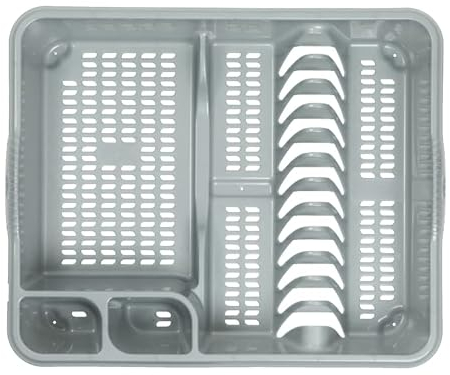 Homey Mart Large Dish Drainer Strong Plastic Holds up to 12 plates with two cutlery drainer Grey/Silver 46.50 x 38.00 x 9.00 cm