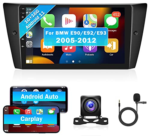 Hikity Android 13 Autoradio Für BMW 3er E90 E92 E93 mit Wireless Carplay Android Auto 9 Zoll Bildschirm Autoradio mit GPS WiFi Bluetooth FM RDS HI-FI MIC Rückfahrkamera