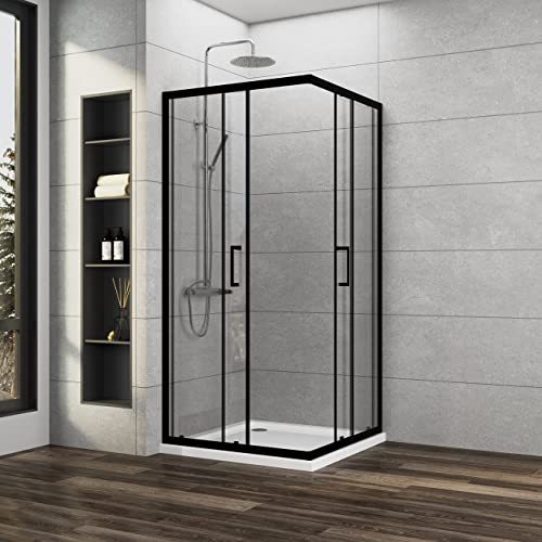 Duschkabine Schwarz Duschkabine 100x100x185cm Eckeinstieg Schiebetür 6mm ESG Glas Duschabtrennung Duschwand, Montage auf Duschewanne oder Ebenerdig