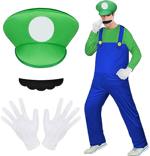 AOMIG Mario och Luigi Bros Kostymsett med Kroppsuit, Hattar, Kap, Bär, Vit Handskar - Fantasikläder för Män och kvinnor