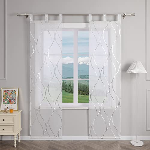 Delien 2er Set Schiebevorhänge Transparente Schiebegardinen Modern »Wogender Fluss« Flächenvorhänge Wohnzimmer Fenster Gardinen mit Wellenmuster Dekoschals mit Schlaufen BxH 57x225cm,Silber