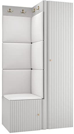 Mirjan24 Garderoben-Set Kirtan Slim XXV, Kleiderschrank mit 2 Fächer, Schuhschrank mit 3 Fächer, Kleiderhakenbrett, Gepolstertes Wandpaneel, Flurgarderobe Wandgarderobe (Weiß, Soft 017)