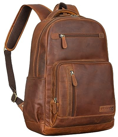 STILORD Hubertus Mochila Cuero Señoras y Hombres Vintage Mochila para Ordenador portátil 15,6 Pulgadas Mochila Escolar Mochilas día Color:Cognac-marrón