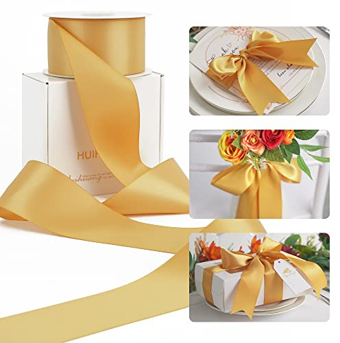 HUIHUANG Old Gold Satin Ribbon - 2 inch Wide Double Face Gold Silk Like for Wedding, Crafts, Gift Wrapping, Christmas Decor, Bows - 25 Yards/Roll