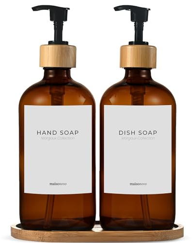 MaisoNovo Dispenser di sapone da bagno Set da 2 pezzi - Dispenser di sapone per le mani da 500 ml - Bottiglie di bambù ambra - Pompa in acciaio inossidabile con vassoio di bambù