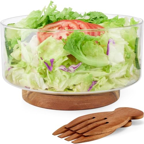 HouseJoy Großes Salatschüssel-Set, Salatschüssel aus Glas mit Akazienholzboden und Salathänden, Servierschalen für Obst, Popcorn, Chips, Nudeln, mikrowellen- und spülmaschinenfest, Küchen-Must-Have