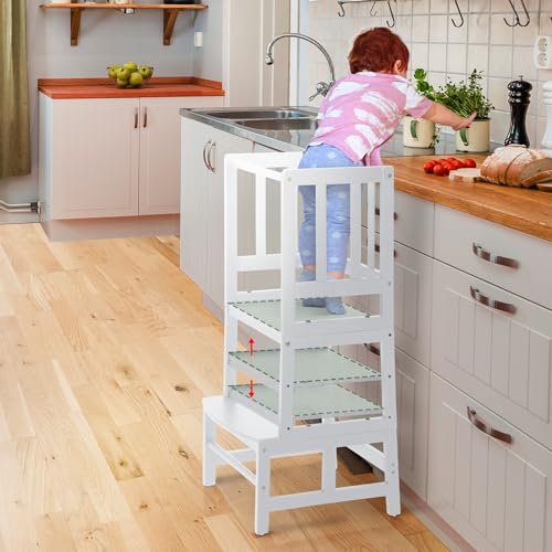 COSYLAND Height Adjustable Kids Kitchen Step Stool – Sturdy Learning Helper Standing Tower for Kitchen Counter, Bathroom – Nursery Child Stand Helper (White)