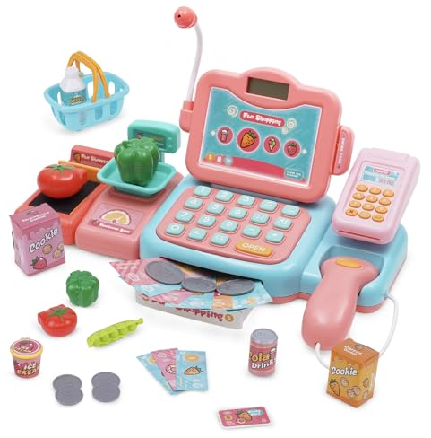 Kinder Kasse Spielzeug Supermarkt Registrierkasse mit Scanner, Essen, Sound, Kreditkarten-Geschenk, Einkaufskorb Kaufladen Zubehör Rollenspiel Spielzeug für Mädchen Jungen ab 3 Jahre
